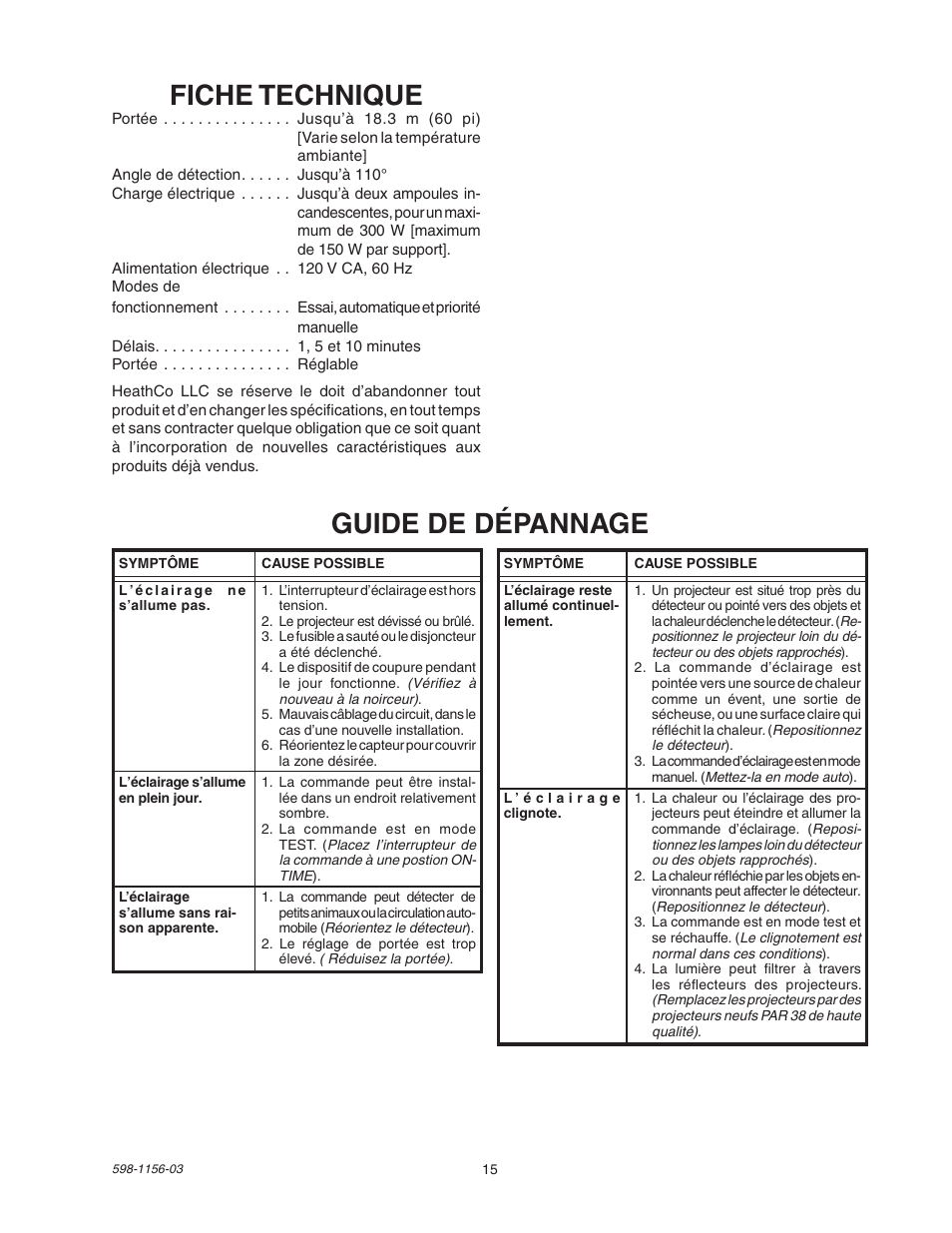 Fiche technique, Guide de dépannage | Heath Zenith Motion Sensor Light Control SH-5408 User Manual | Page 15 / 16