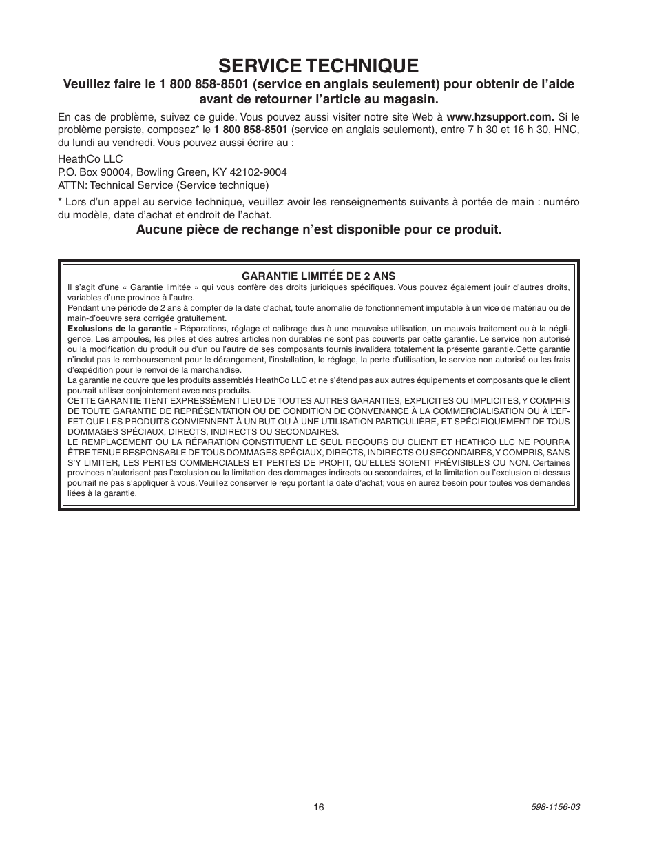 Service technique | Heath Zenith Motion Sensor Light Control SH-5408 User Manual | Page 16 / 16