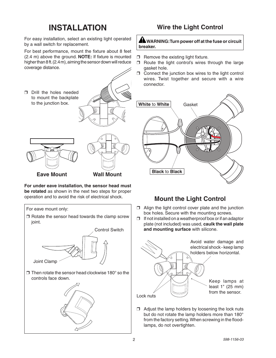Installation, Wire the light control, Mount the light control | Heath Zenith Motion Sensor Light Control SH-5408 User Manual | Page 2 / 16
