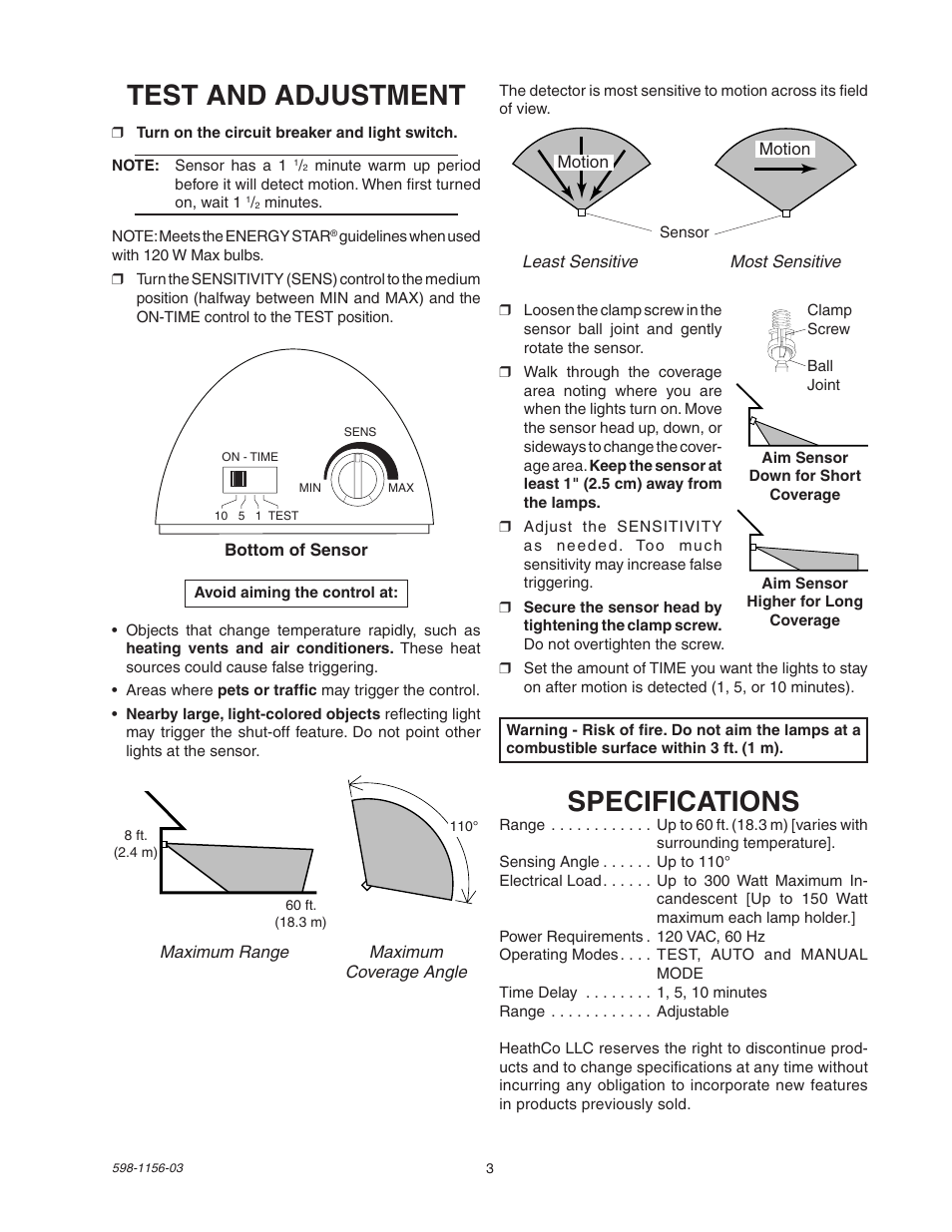 Test and adjustment, Specifications | Heath Zenith Motion Sensor Light Control SH-5408 User Manual | Page 3 / 16