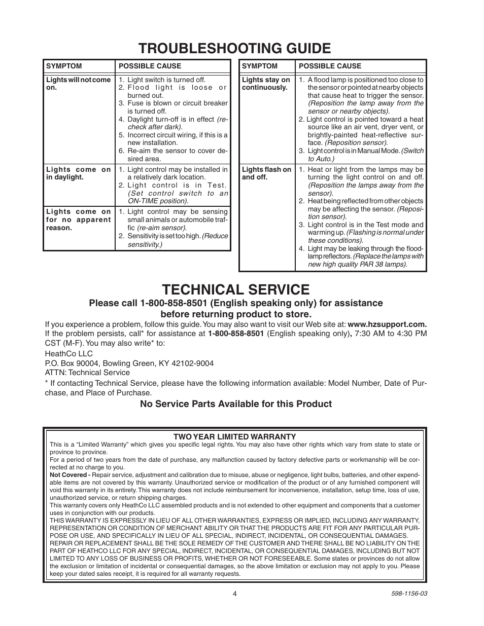 Troubleshooting guide technical service | Heath Zenith Motion Sensor Light Control SH-5408 User Manual | Page 4 / 16
