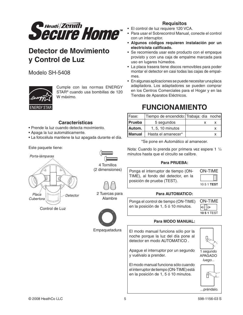 Funcionamiento, Detector de movimiento y control de luz, Modelo sh-5408 | Heath Zenith Motion Sensor Light Control SH-5408 User Manual | Page 5 / 16