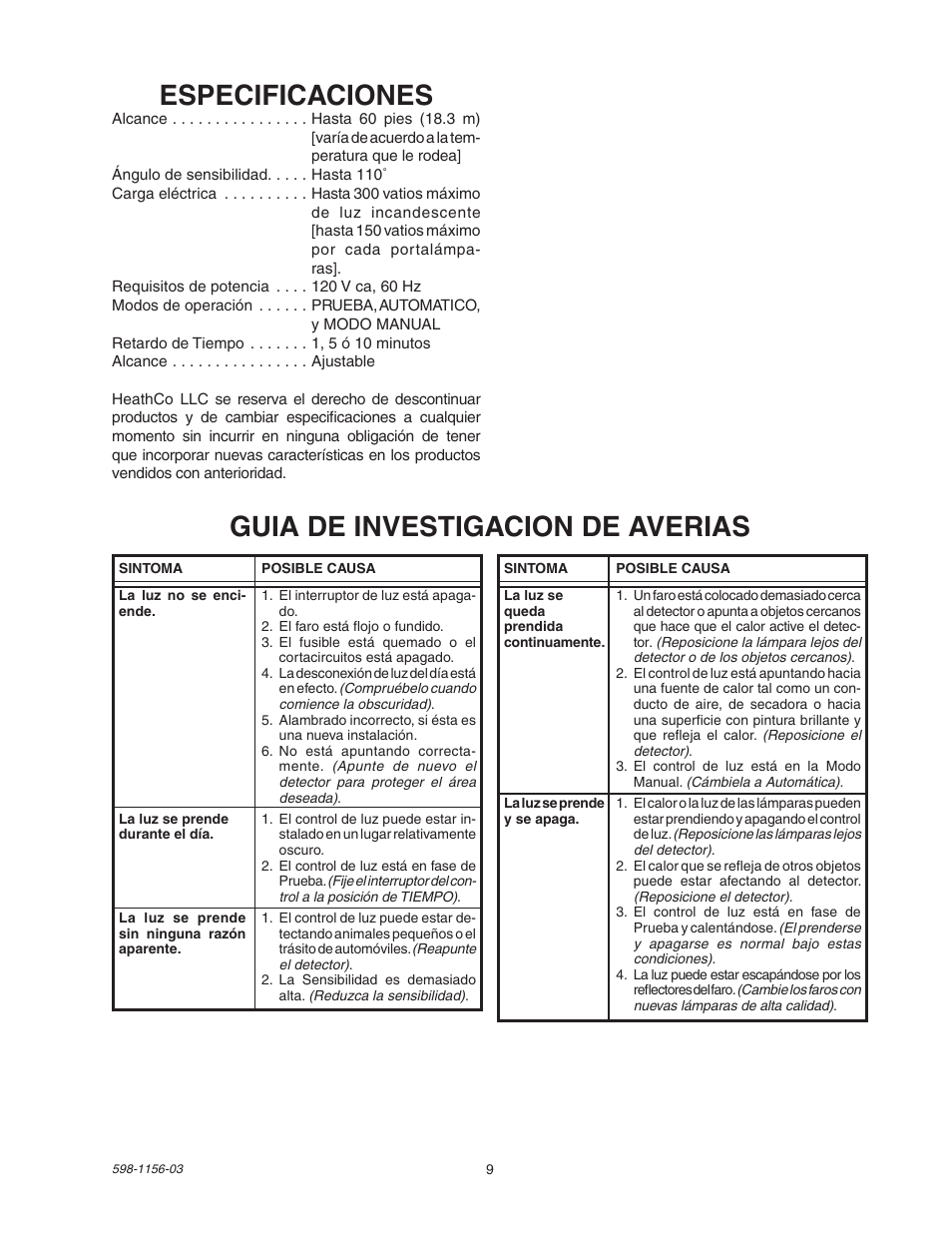Especificaciones, Guia de investigacion de averias | Heath Zenith Motion Sensor Light Control SH-5408 User Manual | Page 9 / 16