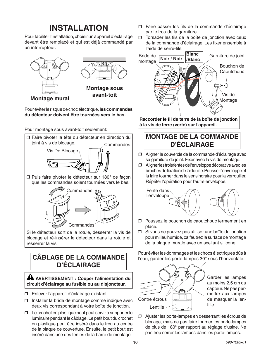 Installation, Câblage de la commande d’éclairage, Montage de la commande d’éclairage | Heath Zenith Motion Sensor Light Control SL-5412 User Manual | Page 10 / 12