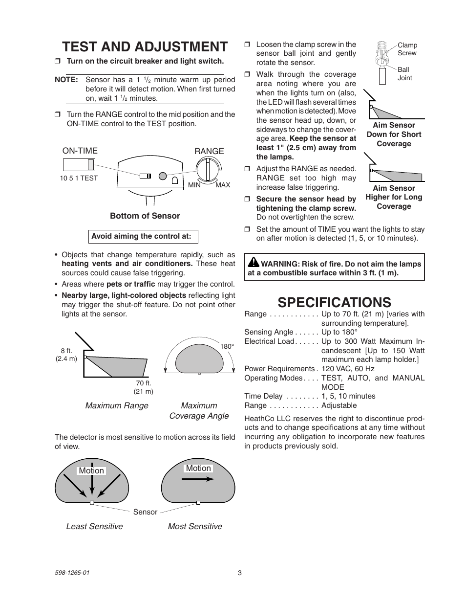 Test and adjustment, Specifications | Heath Zenith Motion Sensor Light Control SL-5412 User Manual | Page 3 / 12