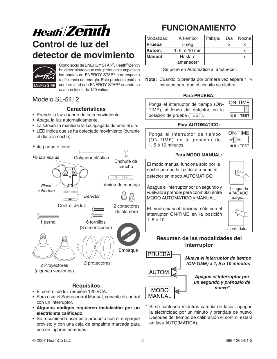 Control de luz del detector de movimiento, Funcionamiento, Modelo sl-5412 | Prueba autom. modo manual | Heath Zenith Motion Sensor Light Control SL-5412 User Manual | Page 5 / 12