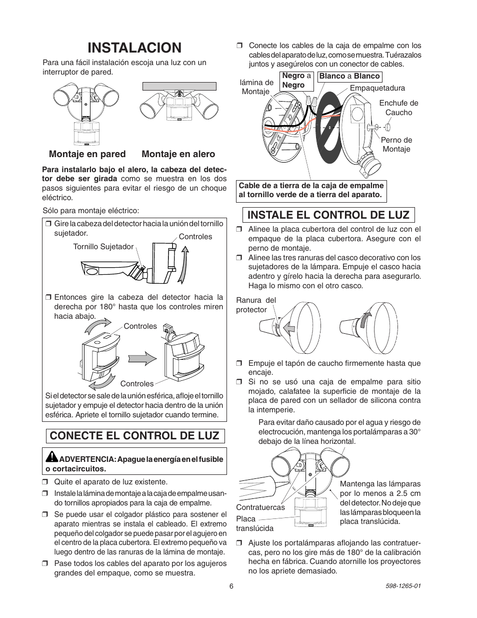 Instalacion, Conecte el control de luz, Instale el control de luz | Heath Zenith Motion Sensor Light Control SL-5412 User Manual | Page 6 / 12