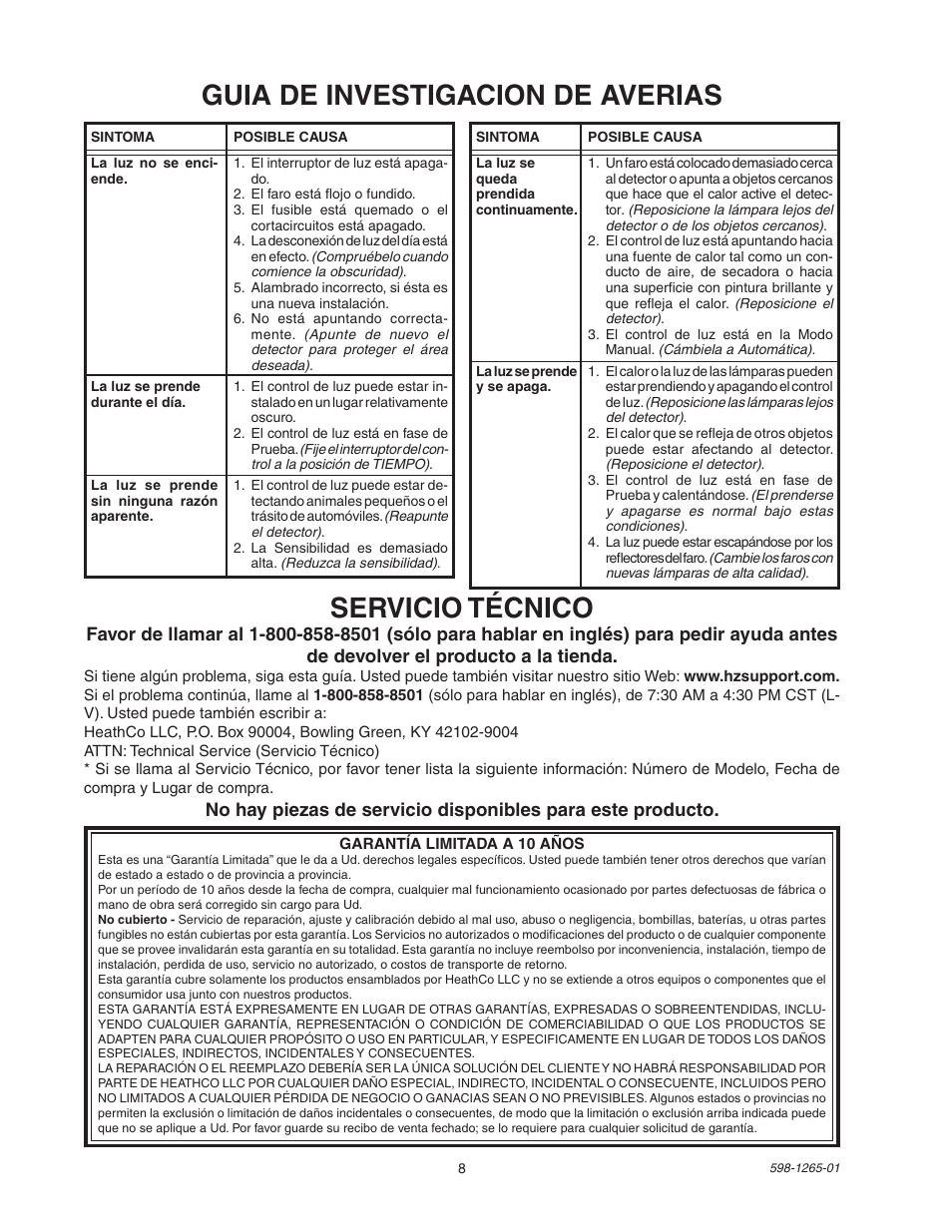 Guia de investigacion de averias, Servicio técnico | Heath Zenith Motion Sensor Light Control SL-5412 User Manual | Page 8 / 12