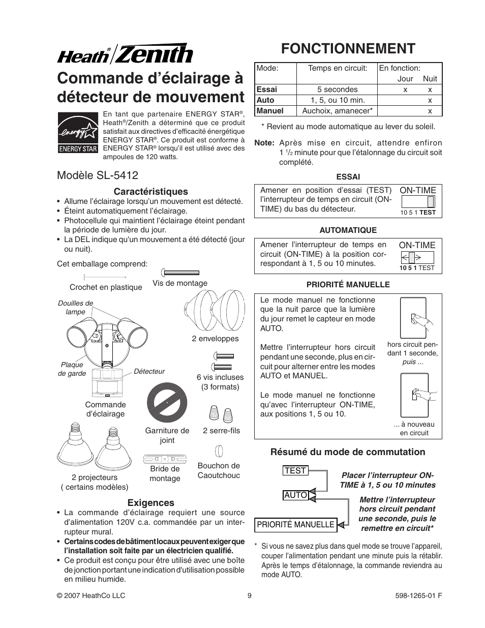 Commande d’éclairage à détecteur de mouvement, Fonctionnement, Modèle sl-5412 | Heath Zenith Motion Sensor Light Control SL-5412 User Manual | Page 9 / 12