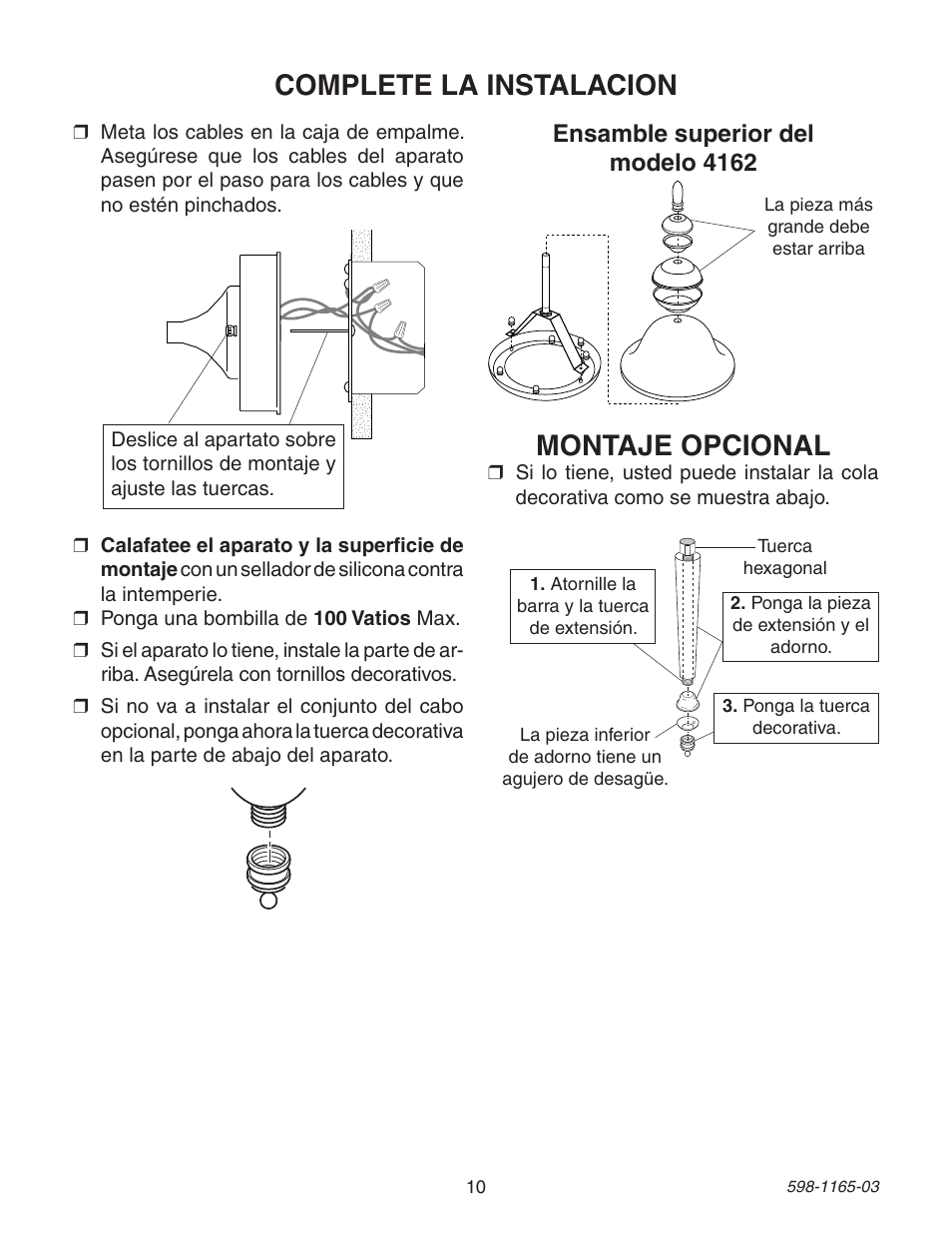 Complete la instalacion, Montaje opcional, Ensamble superior del modelo 4162 | Heath Zenith 4162 User Manual | Page 10 / 20