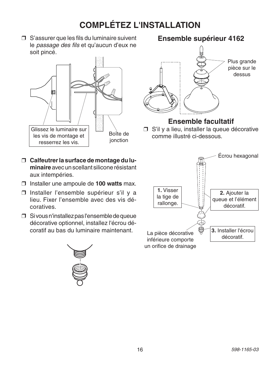 Complétez l'installation, Ensemble supérieur 4162, Ensemble facultatif | Heath Zenith 4162 User Manual | Page 16 / 20