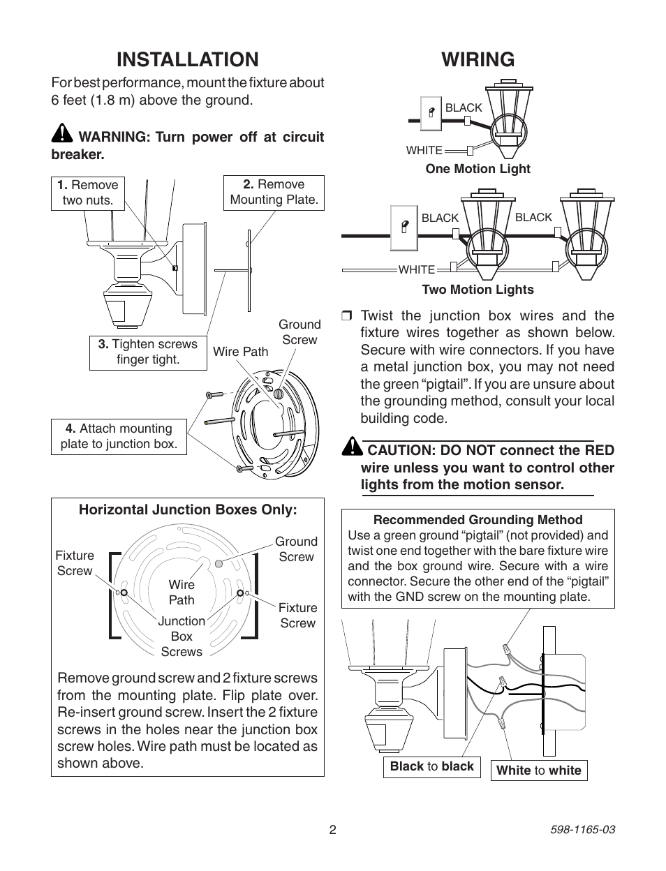 Installation wiring | Heath Zenith 4162 User Manual | Page 2 / 20