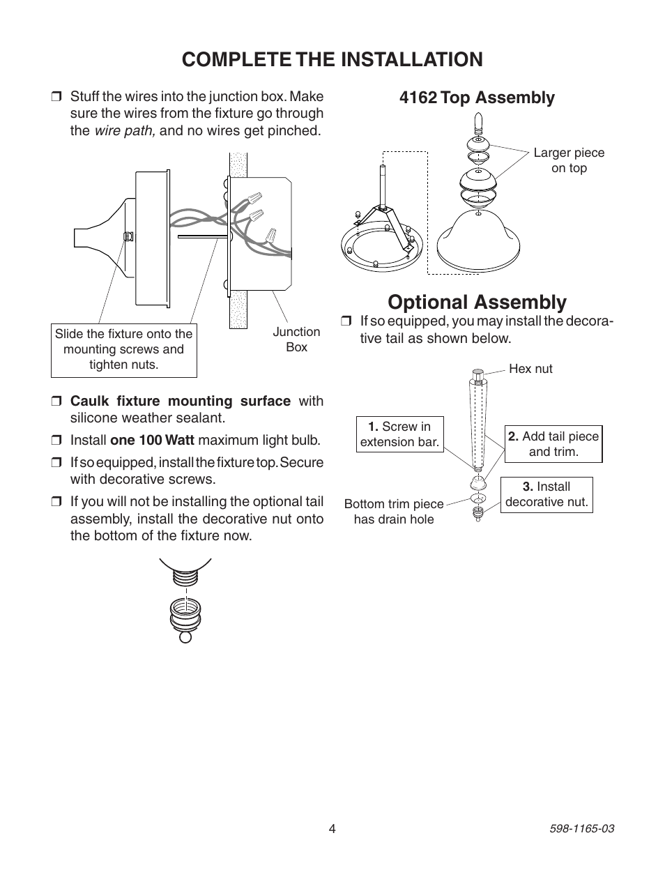 Optional assembly, Complete the installation, 4162 top assembly | Heath Zenith 4162 User Manual | Page 4 / 20