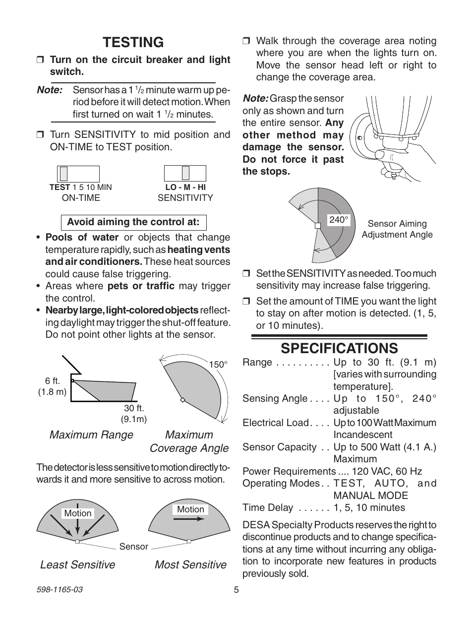 Testing, Specifications | Heath Zenith 4162 User Manual | Page 5 / 20