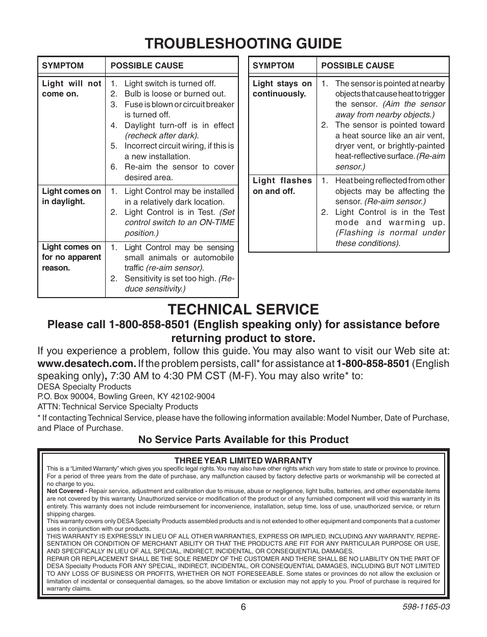 Troubleshooting guide technical service | Heath Zenith 4162 User Manual | Page 6 / 20
