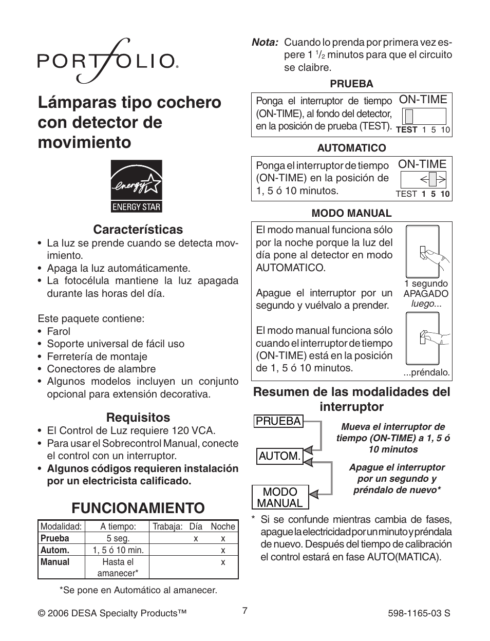Lámparas tipo cochero con detector de movimiento, Funcionamiento, Características | Requisitos, Resumen de las modalidades del interruptor | Heath Zenith 4162 User Manual | Page 7 / 20