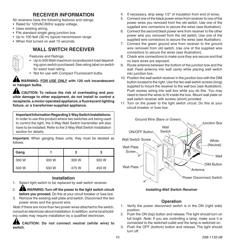 Wall switch receiver receiver information | Heath Zenith 598-1135-08 User Manual | Page 10 / 44