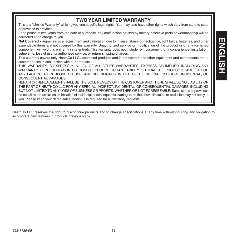 English | Heath Zenith 598-1135-08 User Manual | Page 13 / 44