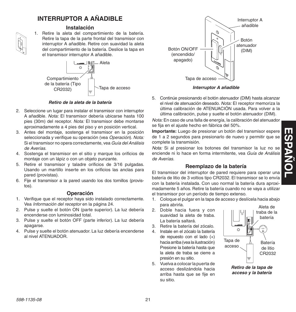 Esp año l, Interruptor a añadible, Reemplazo de la batería | Instalación, Operación | Heath Zenith 598-1135-08 User Manual | Page 21 / 44