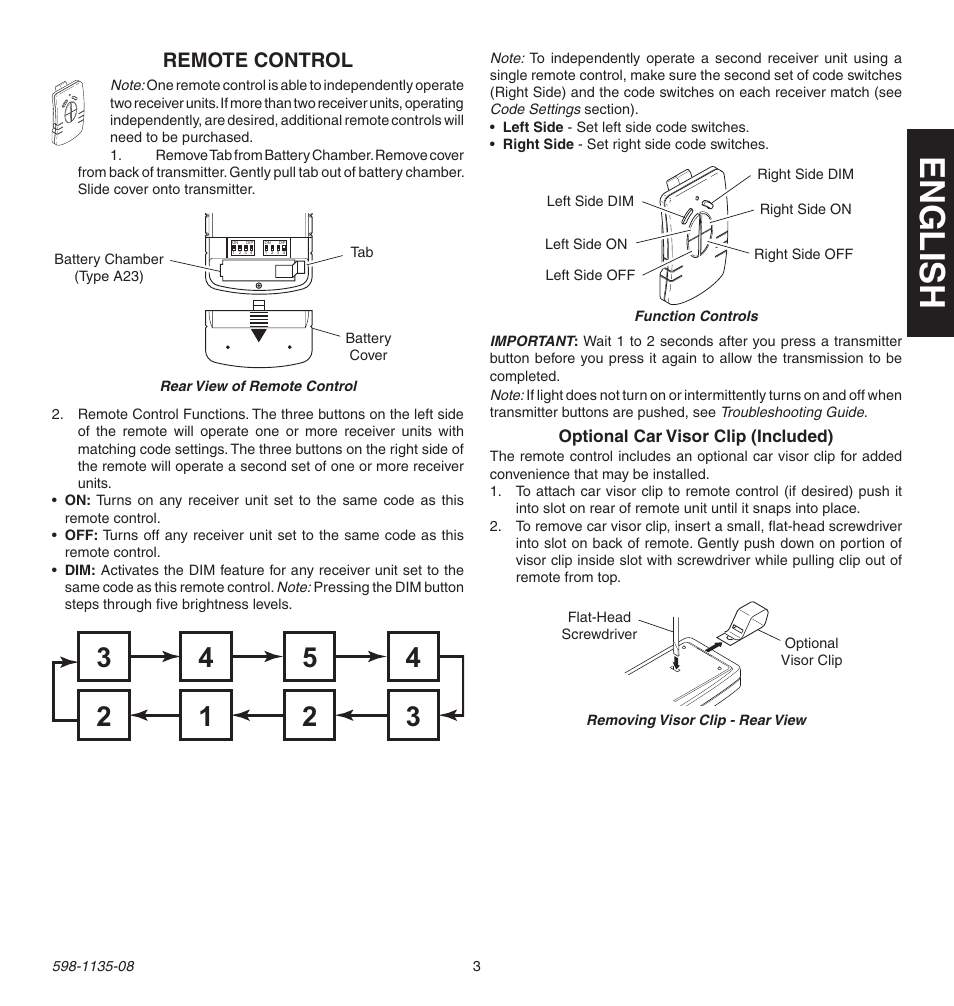 English, Remote control | Heath Zenith 598-1135-08 User Manual | Page 3 / 44