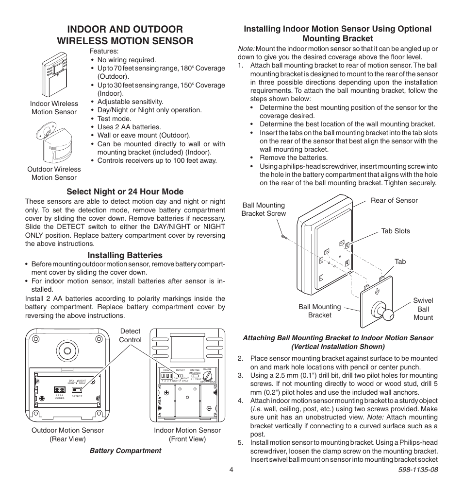 Indoor and outdoor wireless motion sensor, Select night or 24 hour mode, Installing batteries | Heath Zenith 598-1135-08 User Manual | Page 4 / 44