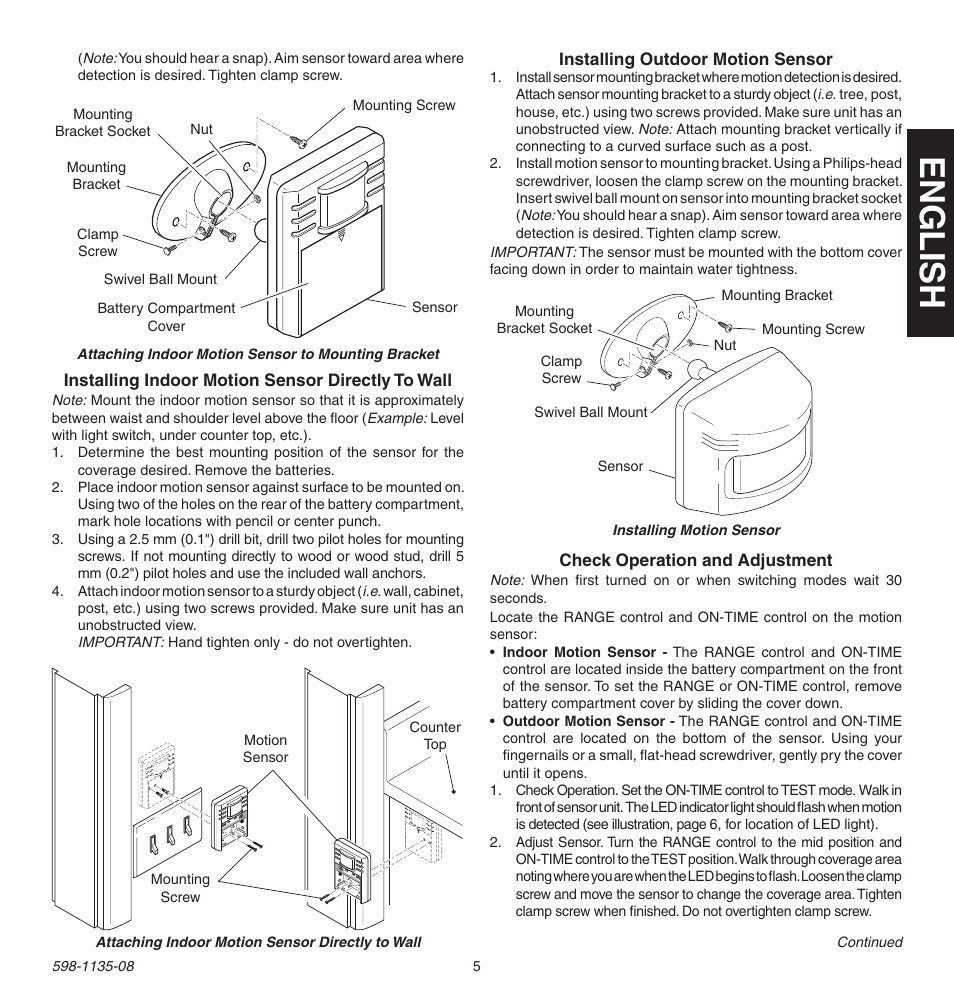 English, Installing indoor motion sensor directly to wall, Installing outdoor motion sensor | Check operation and adjustment | Heath Zenith 598-1135-08 User Manual | Page 5 / 44