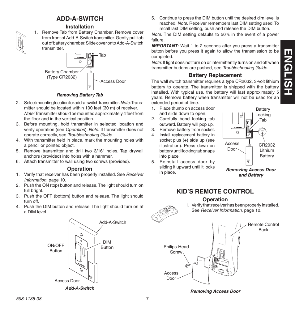 English, Add-a-switch, Kid’s remote control | Battery replacement, Installation, Operation | Heath Zenith 598-1135-08 User Manual | Page 7 / 44