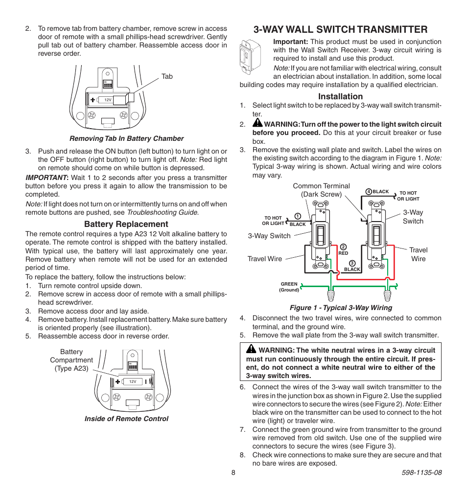 Way wall switch transmitter, Battery replacement, Installation | Heath Zenith 598-1135-08 User Manual | Page 8 / 44