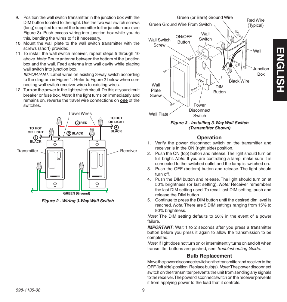 English, Operation, Bulb replacement | Heath Zenith 598-1135-08 User Manual | Page 9 / 44