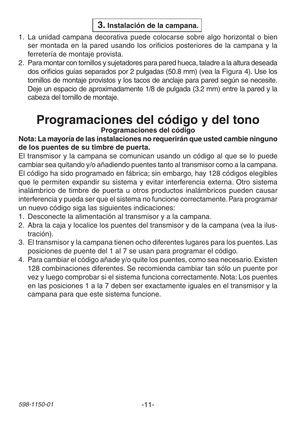 Programaciones del código y del tono | Heath Zenith Weatherproof Long Range Wireless Chime with Chime Extender AC-6507 User Manual | Page 11 / 24