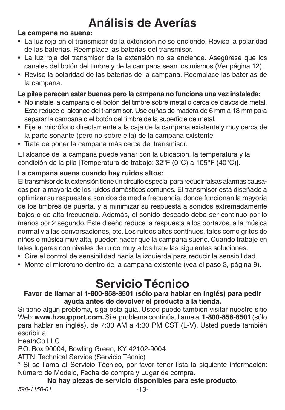 Análisis de averías, Servicio técnico | Heath Zenith Weatherproof Long Range Wireless Chime with Chime Extender AC-6507 User Manual | Page 13 / 24