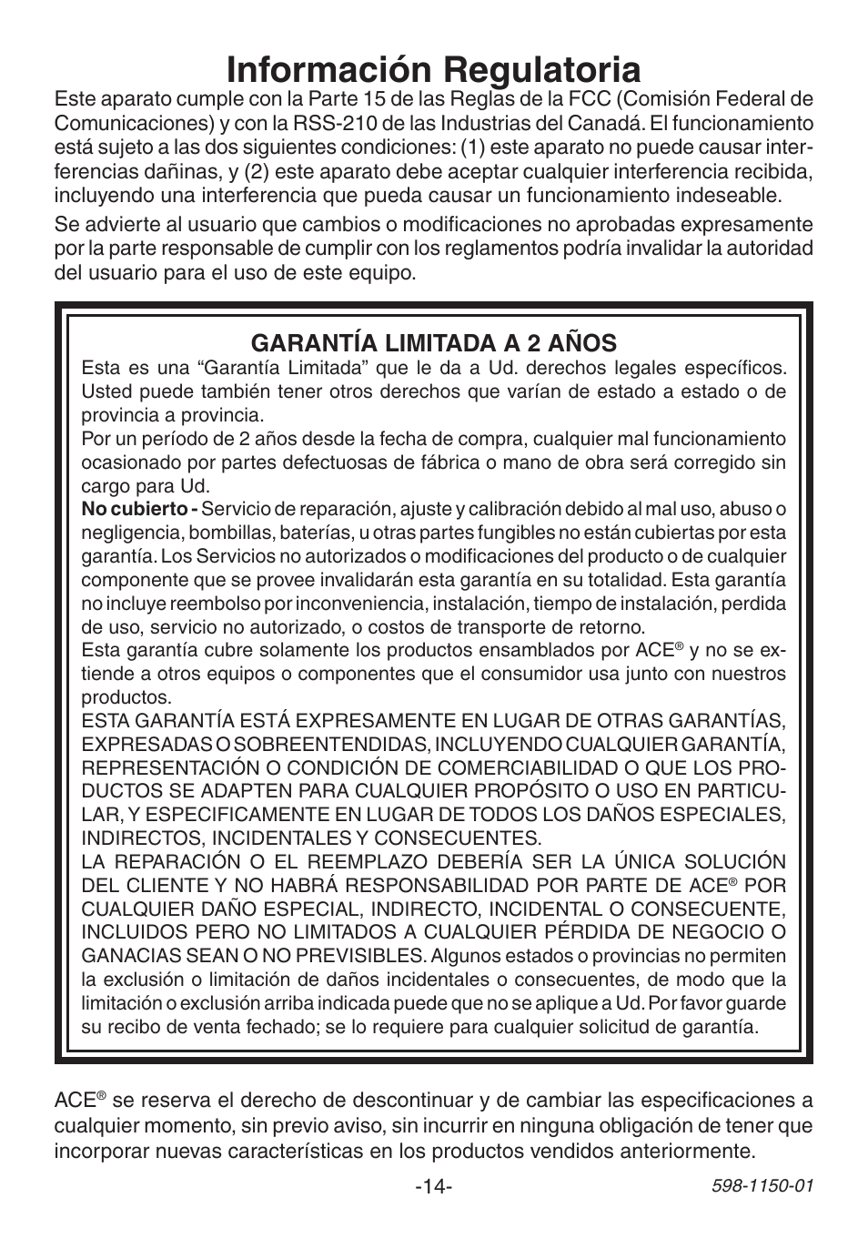 Información regulatoria, Garantía limitada a 2 años | Heath Zenith Weatherproof Long Range Wireless Chime with Chime Extender AC-6507 User Manual | Page 14 / 24