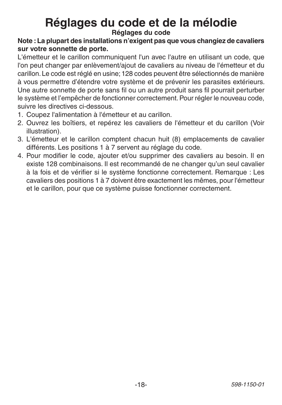 Réglages du code et de la mélodie | Heath Zenith Weatherproof Long Range Wireless Chime with Chime Extender AC-6507 User Manual | Page 18 / 24