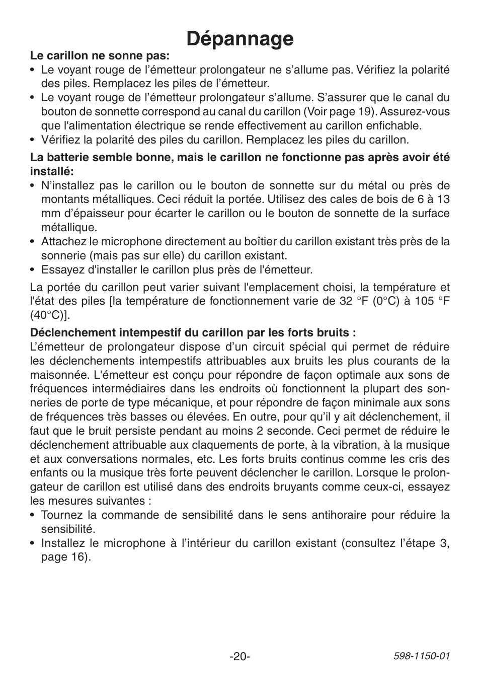 Dépannage | Heath Zenith Weatherproof Long Range Wireless Chime with Chime Extender AC-6507 User Manual | Page 20 / 24