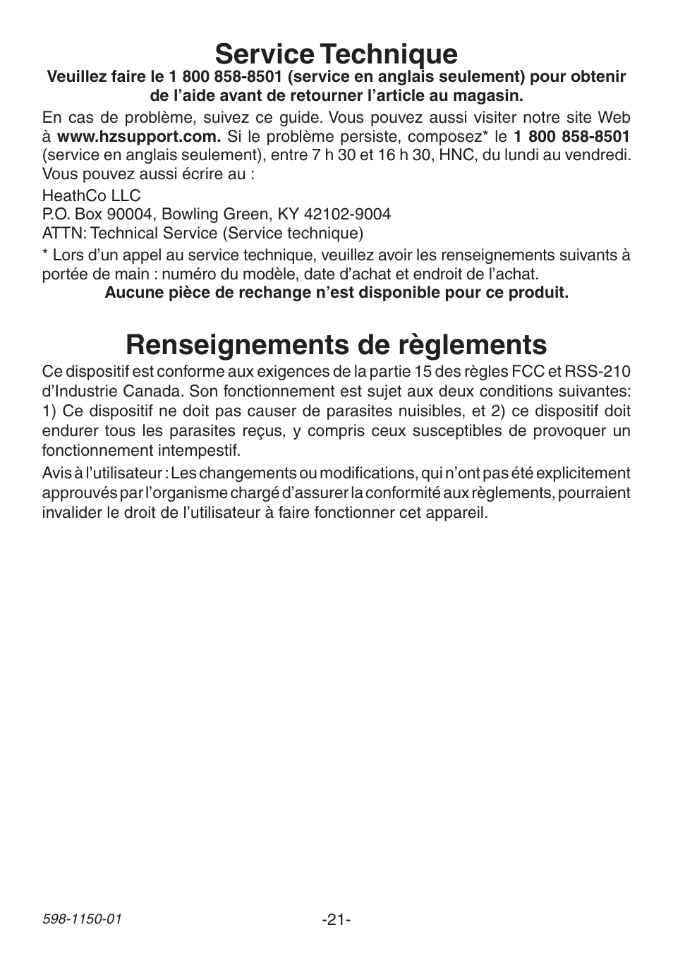 Service technique, Renseignements de règlements | Heath Zenith Weatherproof Long Range Wireless Chime with Chime Extender AC-6507 User Manual | Page 21 / 24