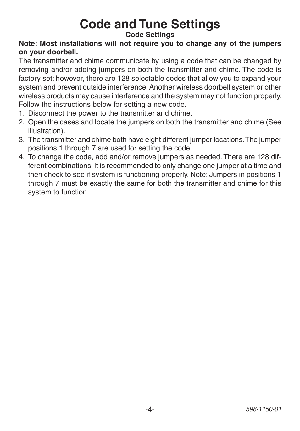 Code and tune settings | Heath Zenith Weatherproof Long Range Wireless Chime with Chime Extender AC-6507 User Manual | Page 4 / 24