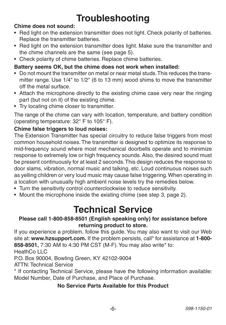 Troubleshooting, Technical service | Heath Zenith Weatherproof Long Range Wireless Chime with Chime Extender AC-6507 User Manual | Page 6 / 24
