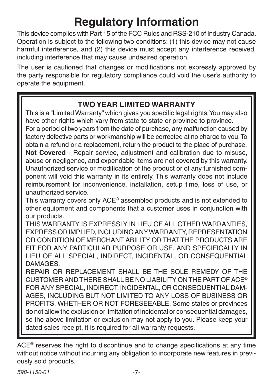Regulatory information, Two year limited warranty | Heath Zenith Weatherproof Long Range Wireless Chime with Chime Extender AC-6507 User Manual | Page 7 / 24