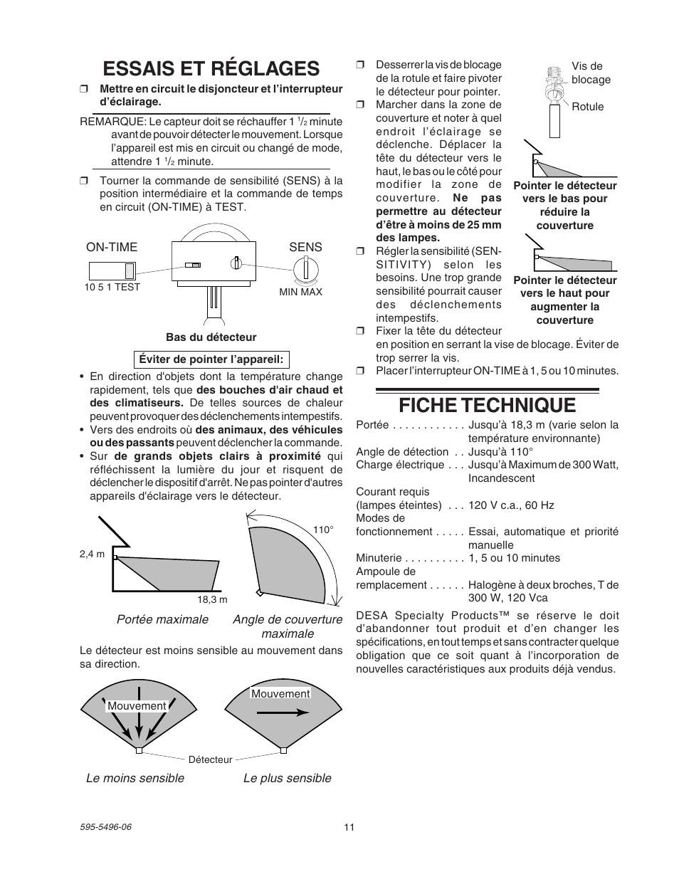 Fiche technique, Essais et réglages | Heath Zenith SL-5309 User Manual | Page 11 / 12