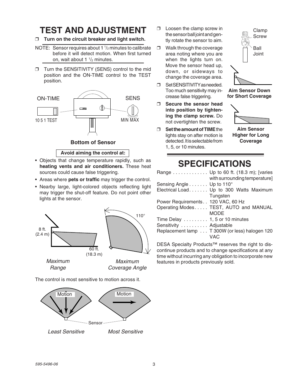 Specifications, Test and adjustment | Heath Zenith SL-5309 User Manual | Page 3 / 12