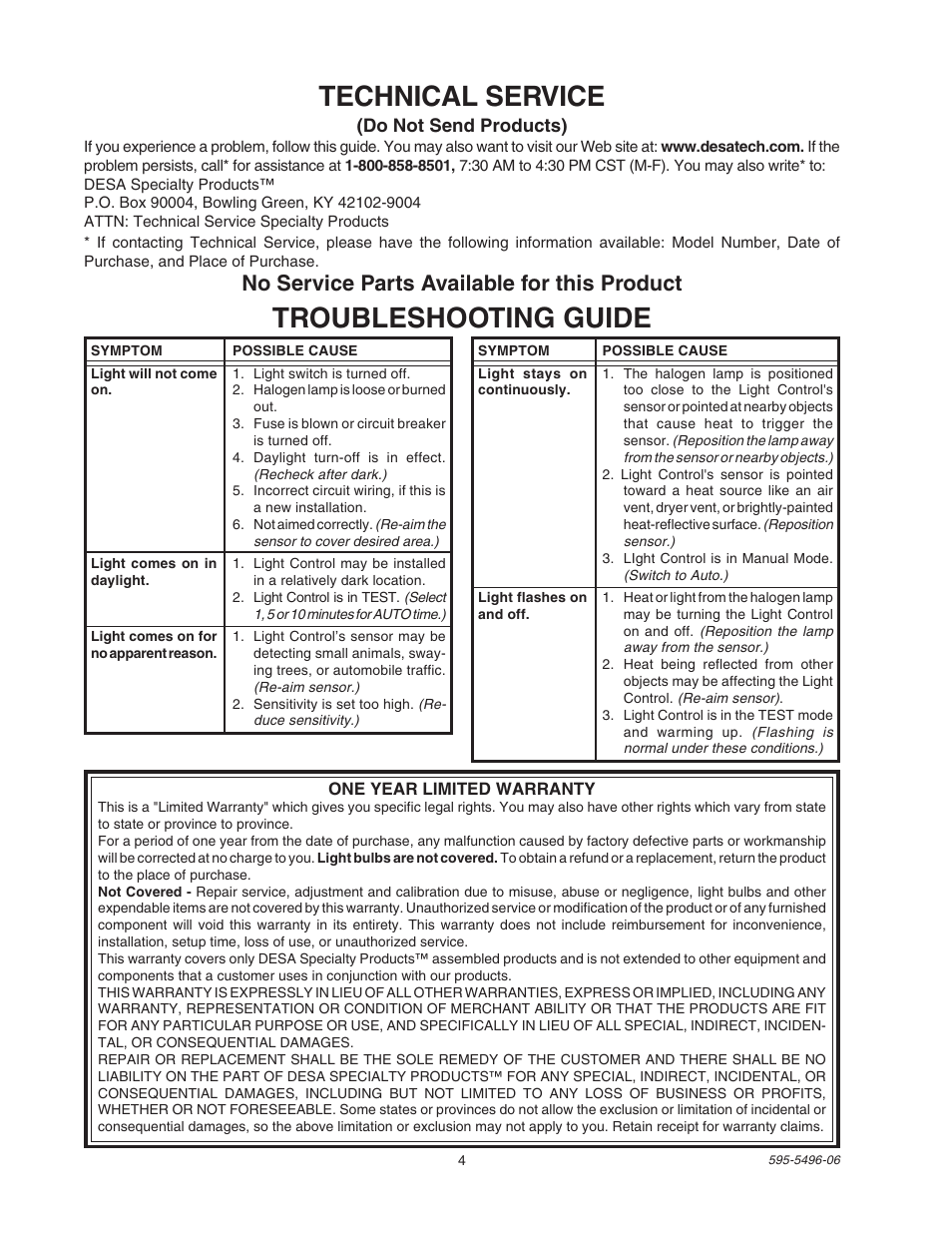 Troubleshooting guide, Technical service, No service parts available for this product | Heath Zenith SL-5309 User Manual | Page 4 / 12