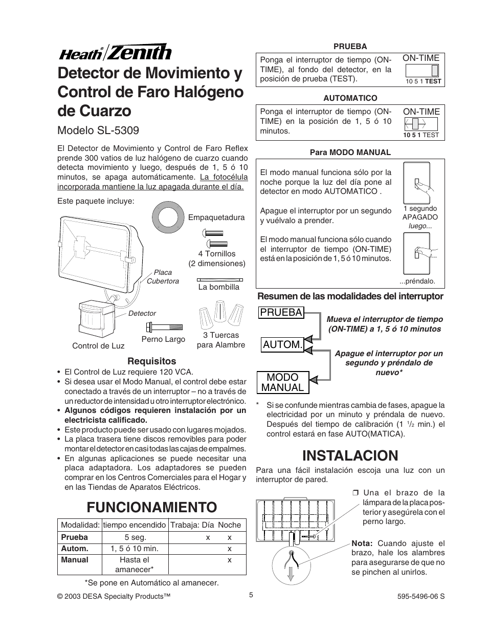 Funcionamiento, Instalacion, Modelo sl-5309 | Prueba autom. modo manual | Heath Zenith SL-5309 User Manual | Page 5 / 12