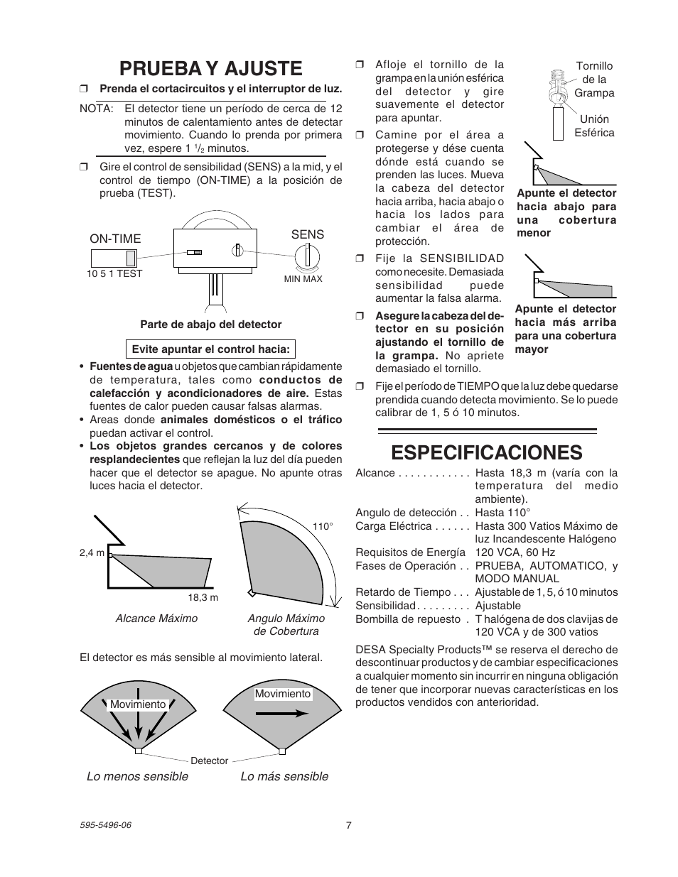 Especificaciones, Prueba y ajuste | Heath Zenith SL-5309 User Manual | Page 7 / 12