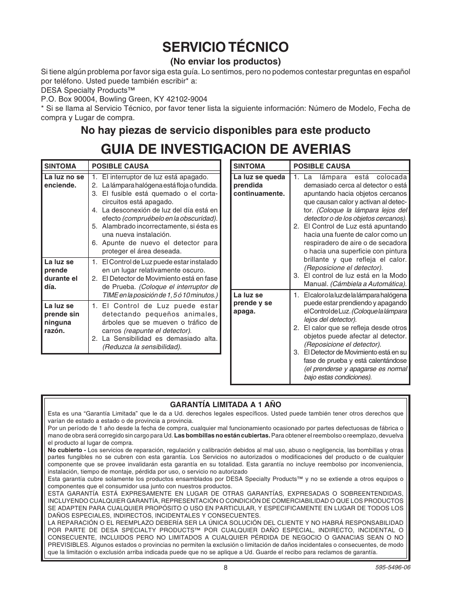 Guia de investigacion de averias, Servicio técnico | Heath Zenith SL-5309 User Manual | Page 8 / 12