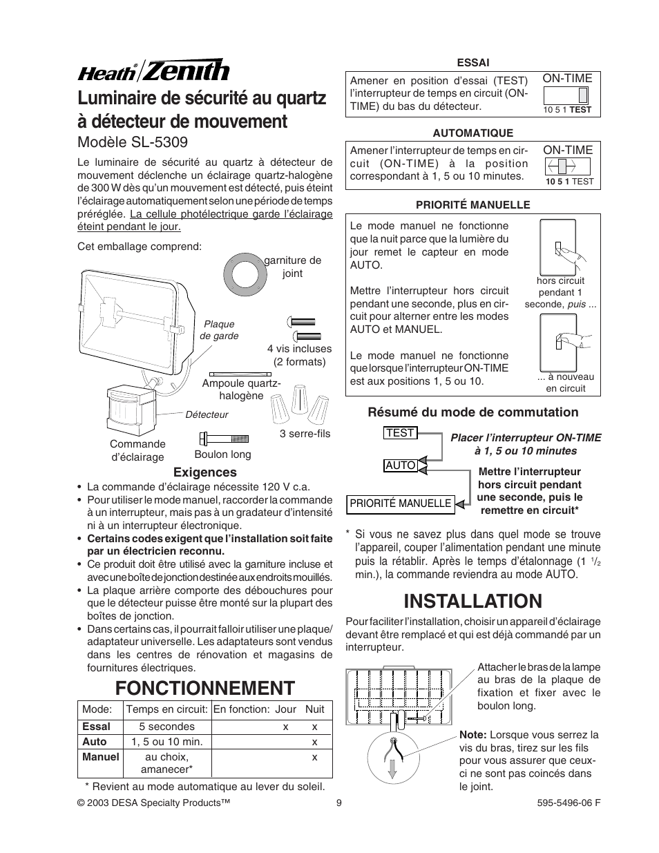 Fonctionnement, Installation, Modèle sl-5309 | Heath Zenith SL-5309 User Manual | Page 9 / 12