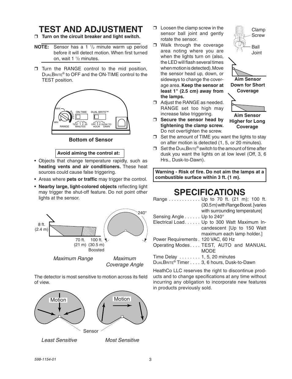 Test and adjustment, Specifications | Heath Zenith SH-5318 User Manual | Page 3 / 8