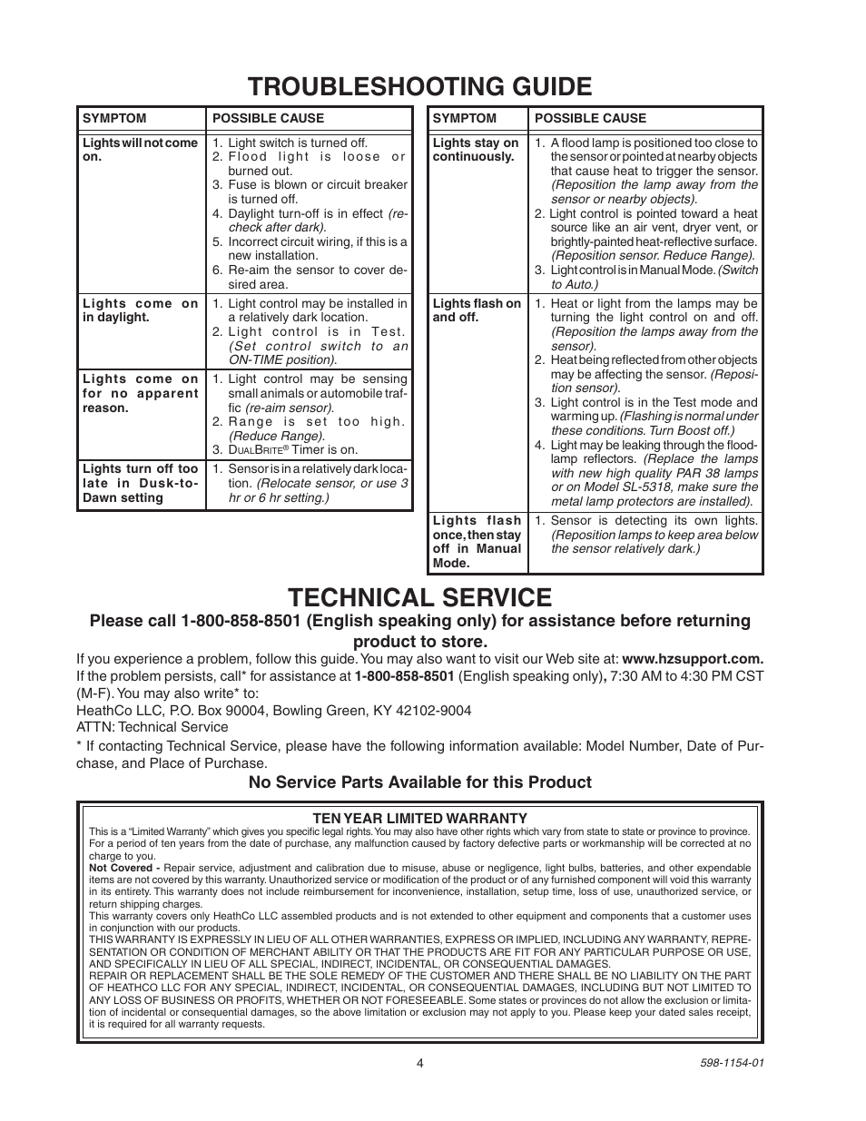 Troubleshooting guide technical service, No service parts available for this product | Heath Zenith SH-5318 User Manual | Page 4 / 8