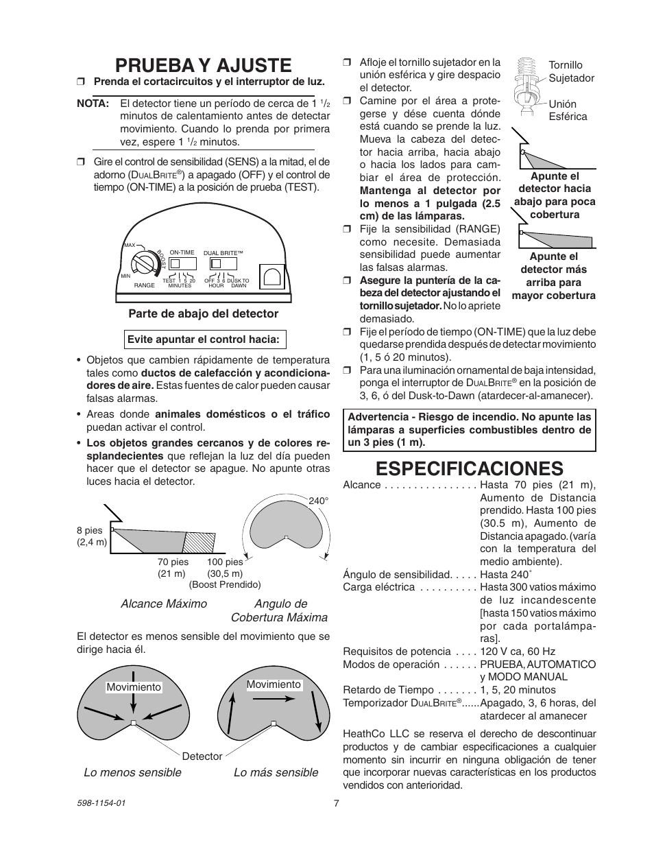 Prueba y ajuste, Especificaciones | Heath Zenith SH-5318 User Manual | Page 7 / 8