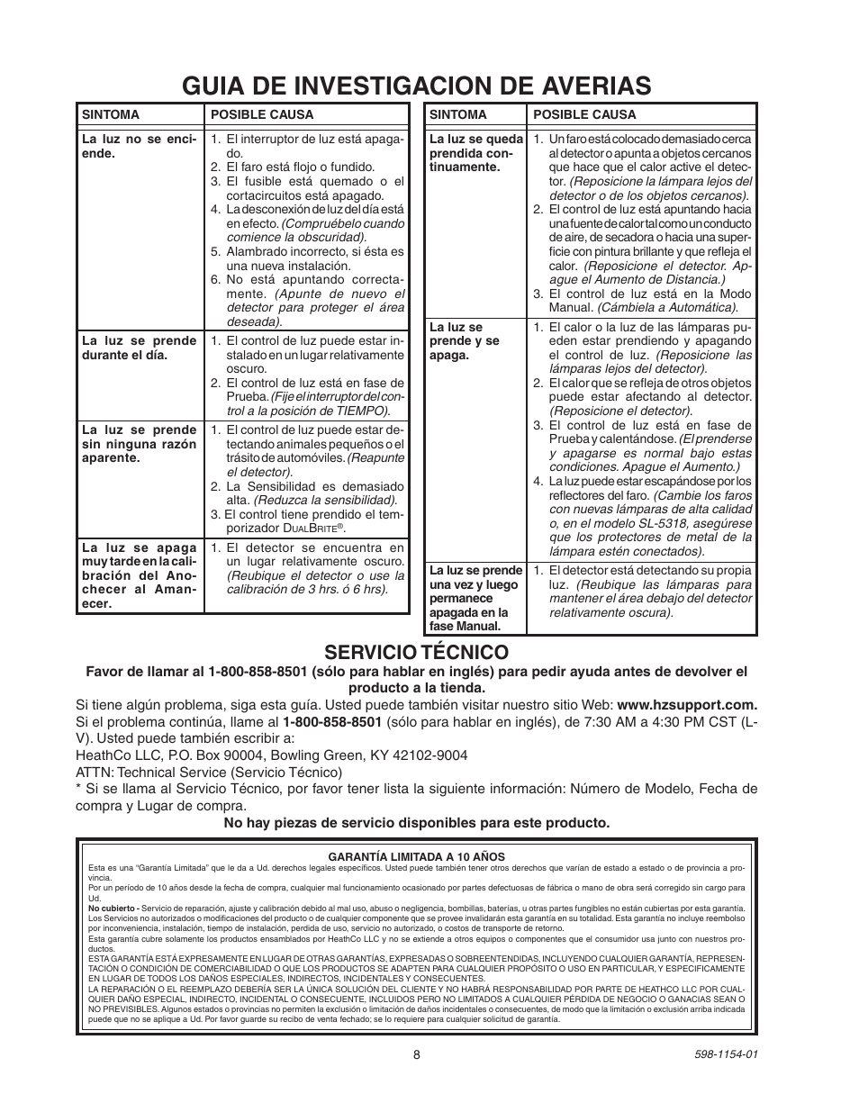 Guia de investigacion de averias, Servicio técnico | Heath Zenith SH-5318 User Manual | Page 8 / 8