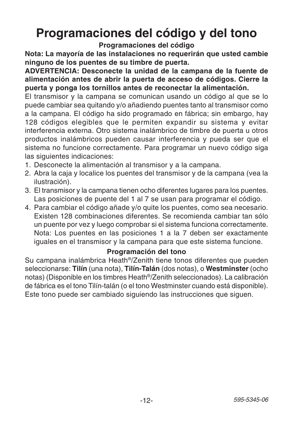 Programaciones del código y del tono | Heath Zenith SL-6157 User Manual | Page 12 / 24